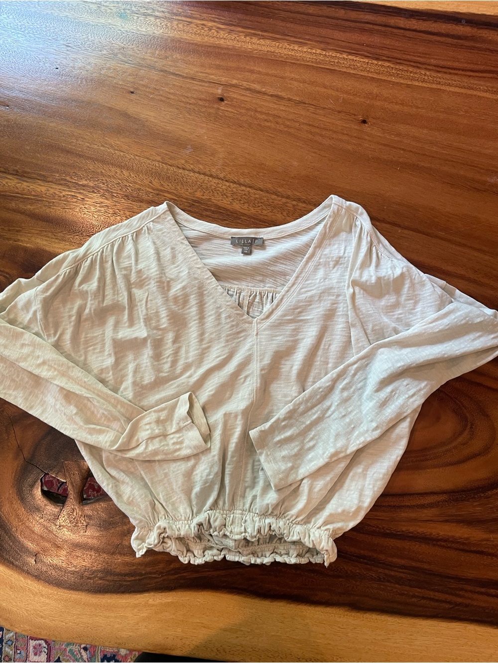 Lilla P Women's “Talc” White Long-Sleeve V-Neck Gathered Hem Top